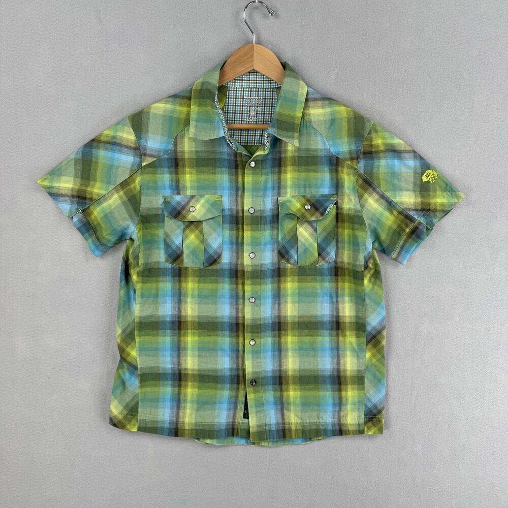 Mountain Hardwear Shirt Mens Medium Green Plaid Short Sleeve Snap Button Up